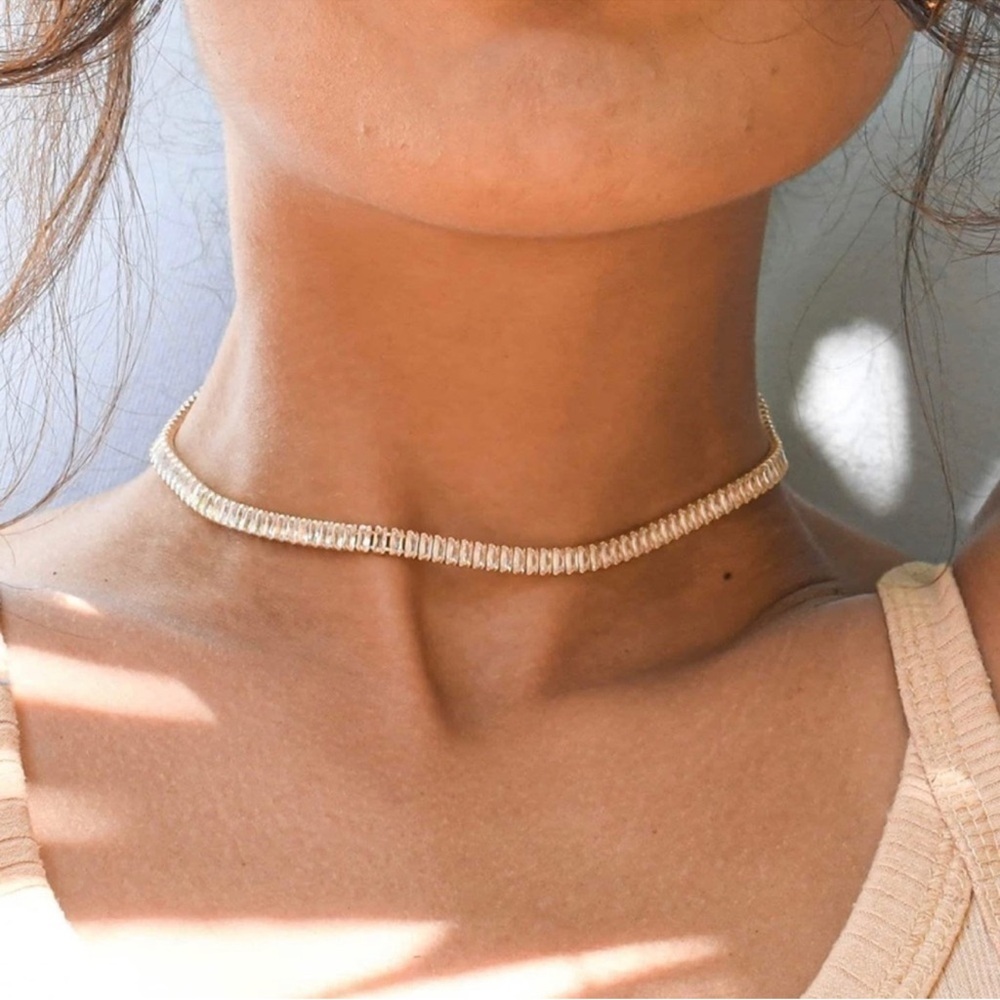 18k Gold Plated CZ Tennis Necklace – Classic Baguette Chain Choker